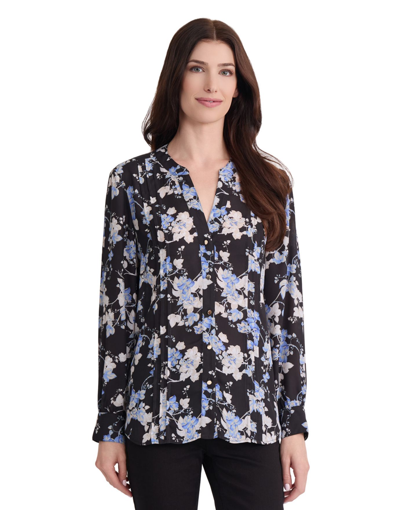 Женская блузка Jones New York Floral Split-Neck Pintuck, цвет: Чёрный — фото 1