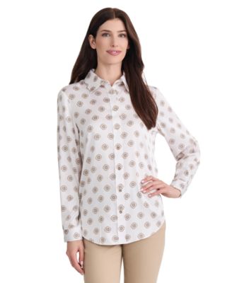 Women's Long-Sleeve Button-Front Printed Satin Blouse