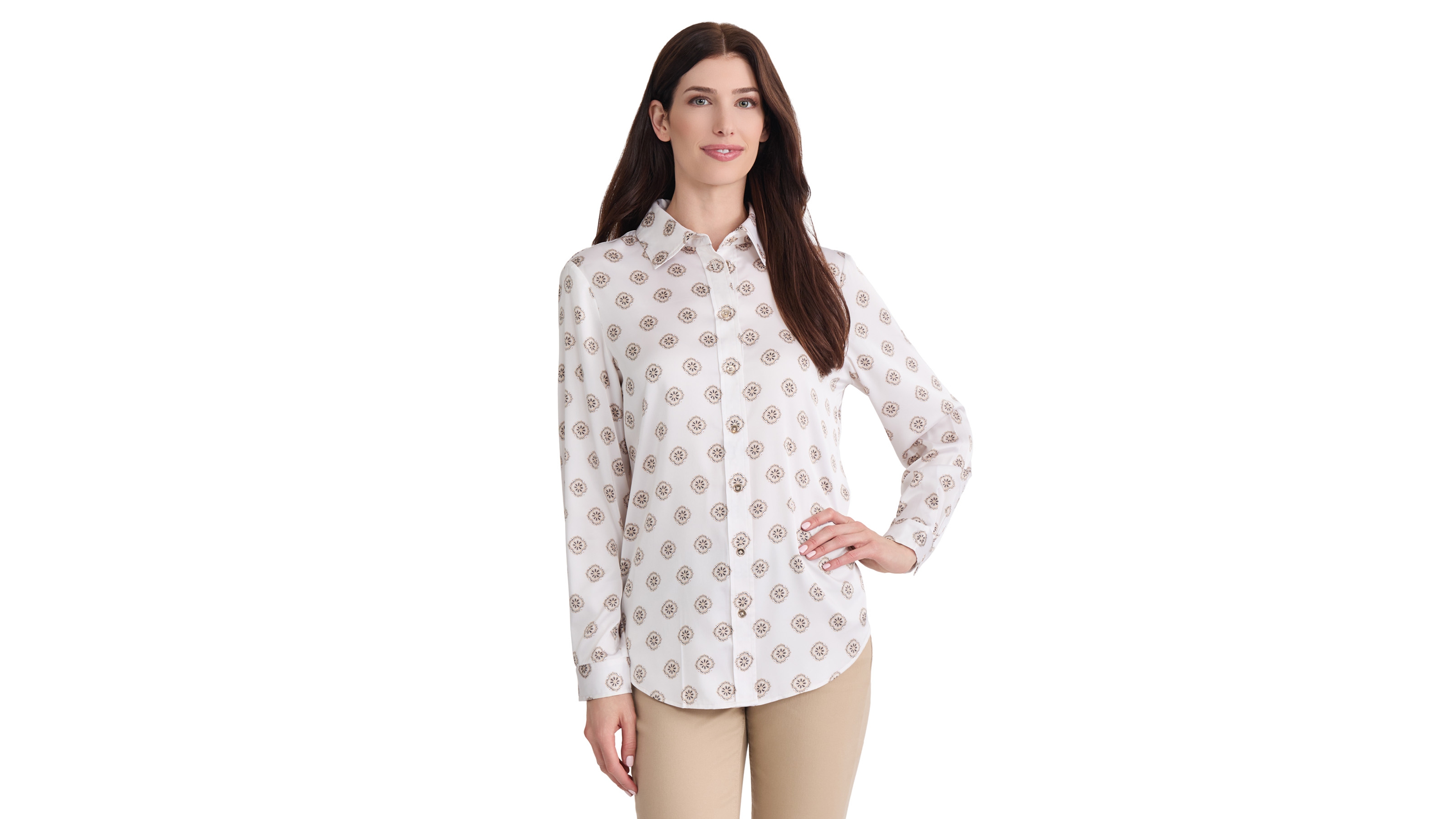 Jones New York Women's Long-Sleeve Button-Front Printed Satin Blouse