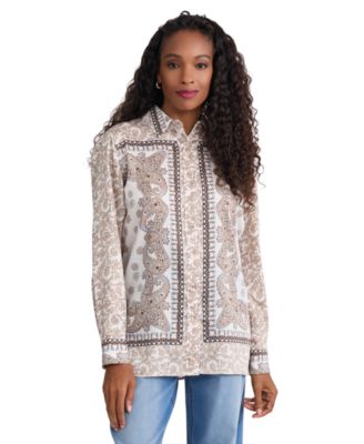 Women's Satin Paisley-Print Button-Front Blouse