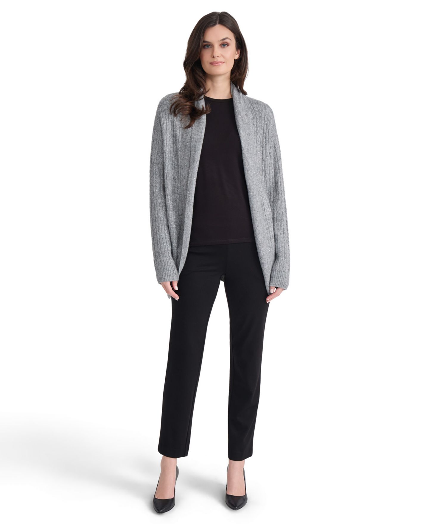 Женский кардиган Jones New York Novelty Mix Cable-Knit Sequin Cardigan, цвет: Средний меланжевый — фото 2