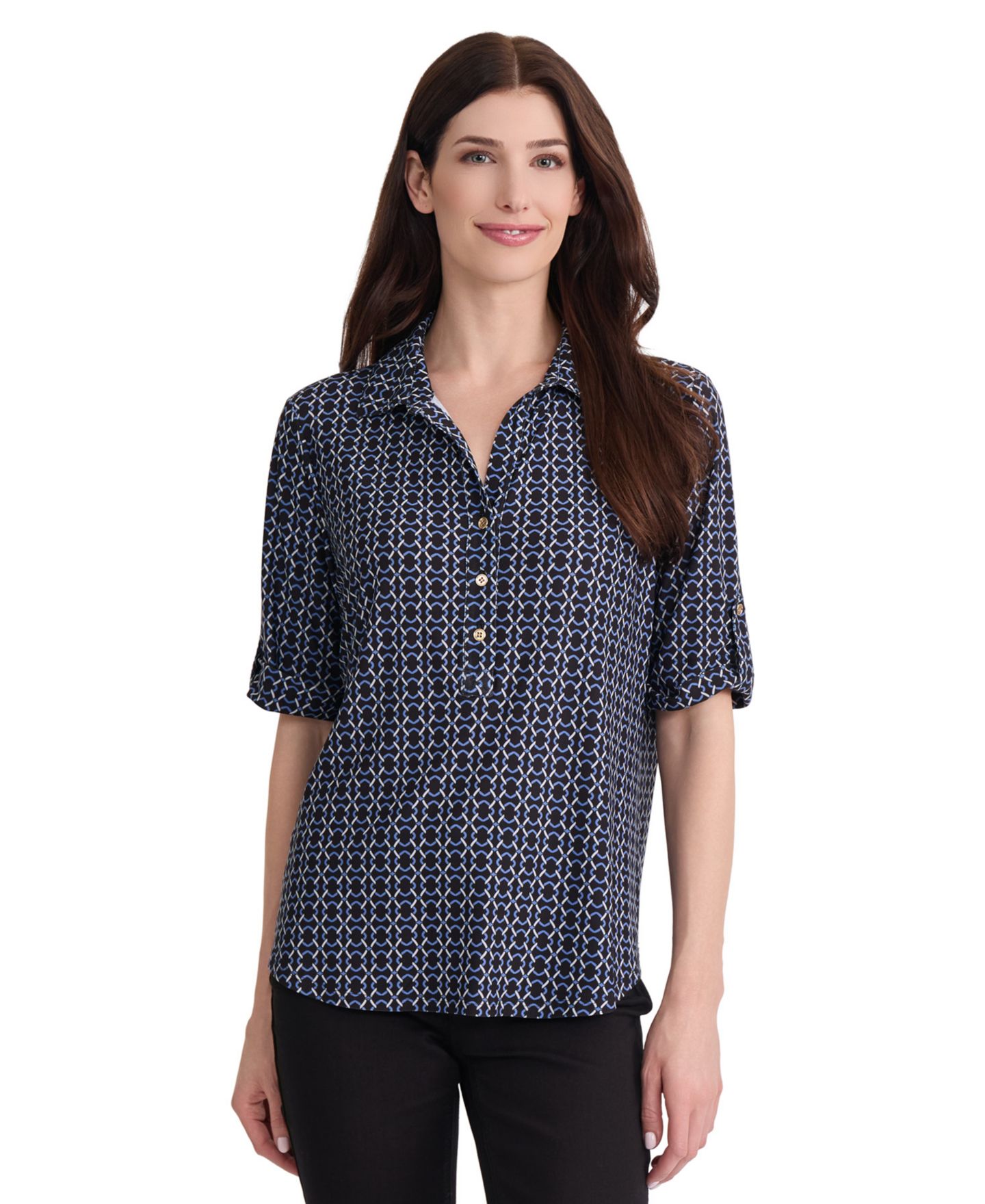 Женское поло Jones New York Elbow Roll Cuff Geometric Polo, цвет: Угольно-чёрный / Синий — фото 1