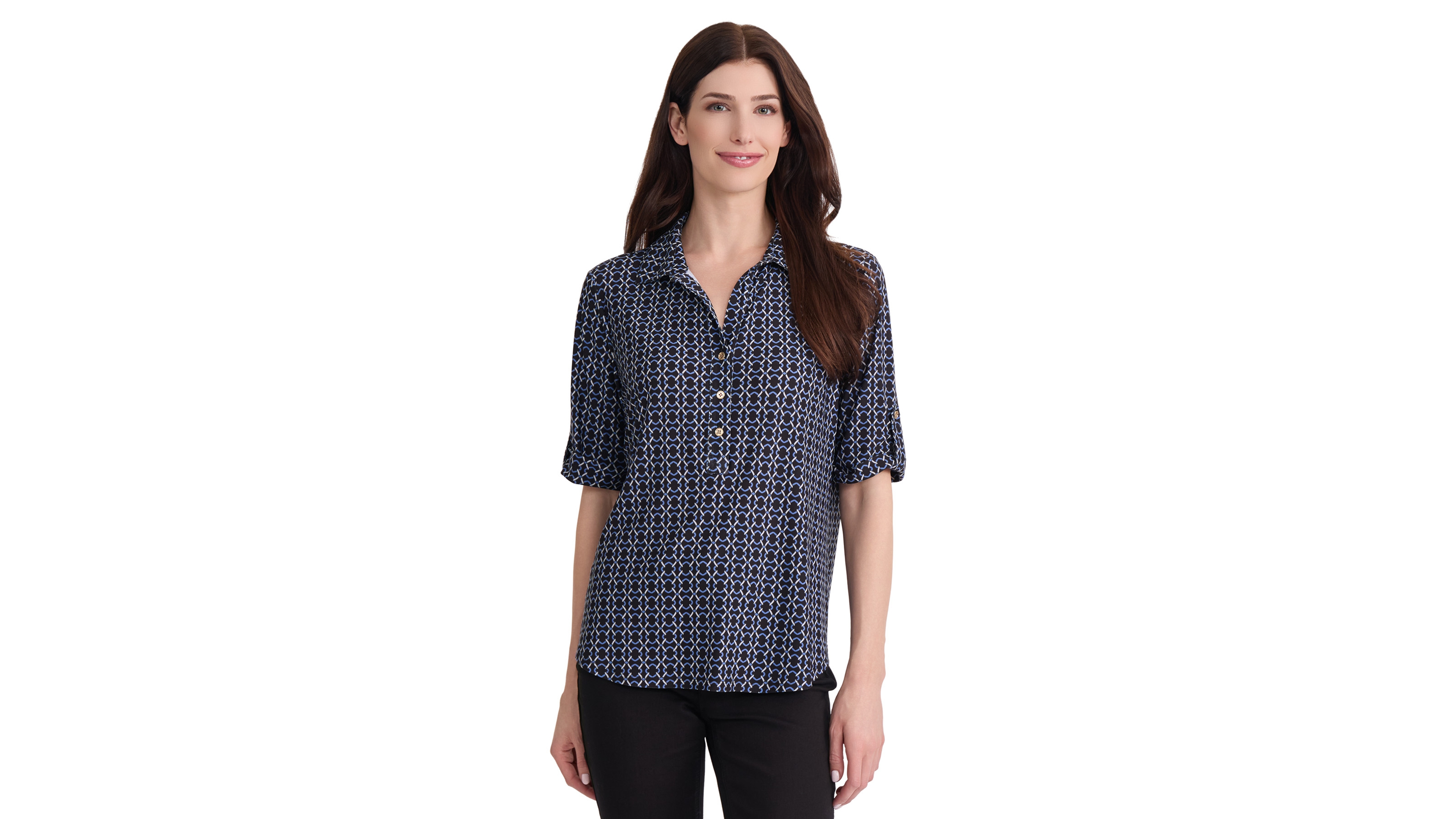 Jones New York Women's Elbow Roll Cuff Geometric Polo