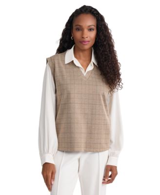 Women's Long-Sleeve Drop-Shoulder Twofer Plaid Puff-Sleeve Blouse