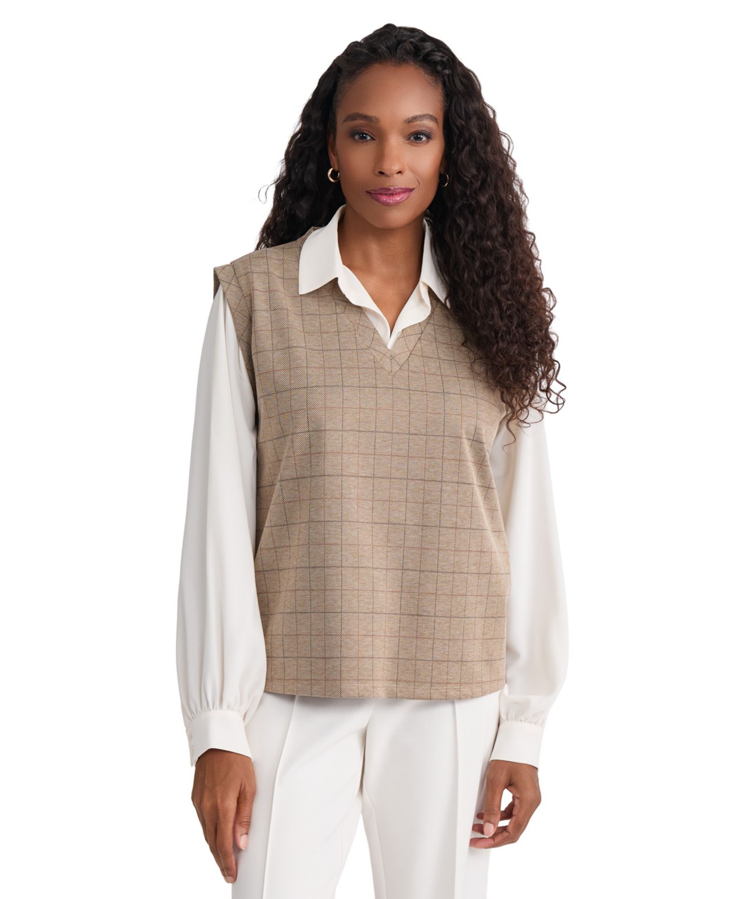 Женская блузка Jones New York Long-Sleeve Drop-Shoulder Twofer Plaid Puff-Sleeve, цвет: Натуральный белый — фото 1