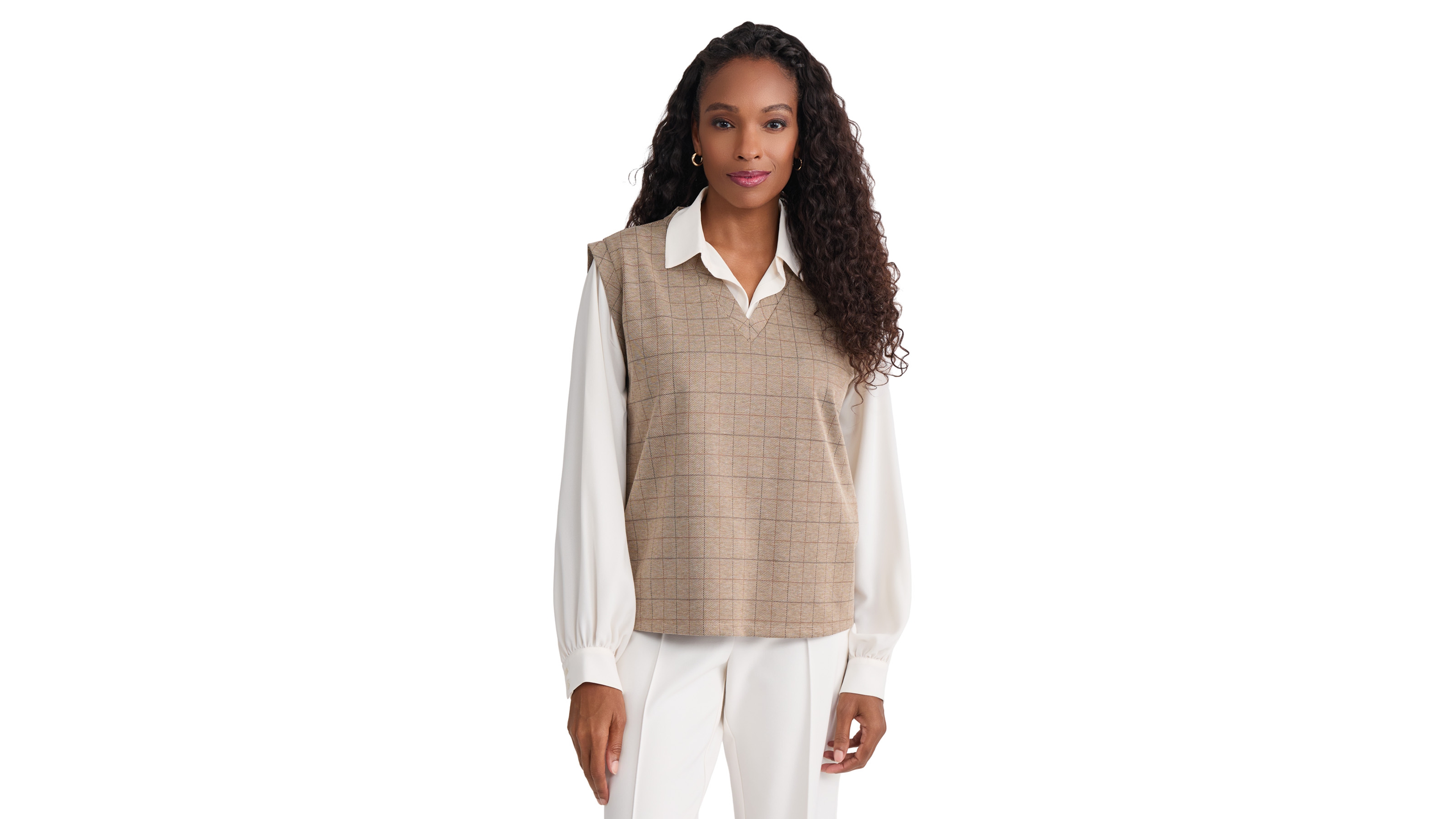 Jones New York Women's Long-Sleeve Drop-Shoulder Twofer Plaid Puff-Sleeve T-Shirt