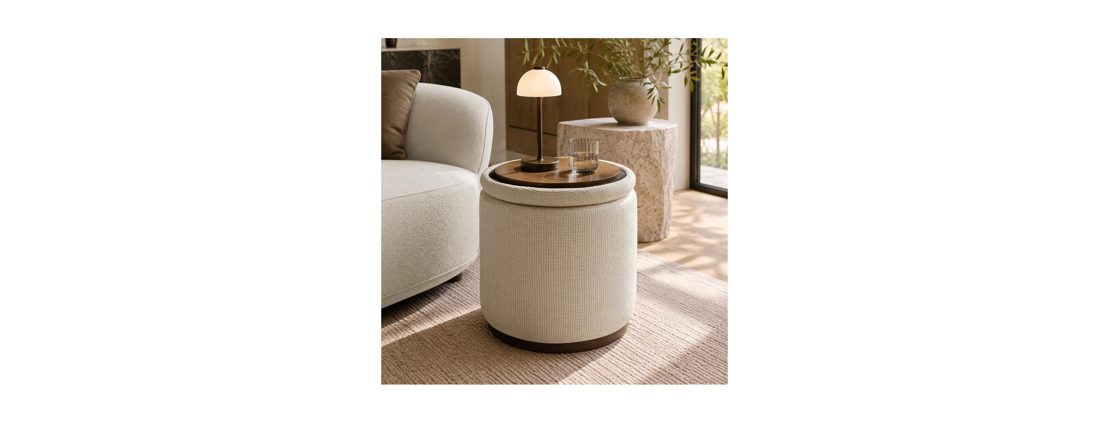 Maison Boucle Round Side Table Ottoman With Flip-Top Lid, 360-Degree Swivel Storage Footrest