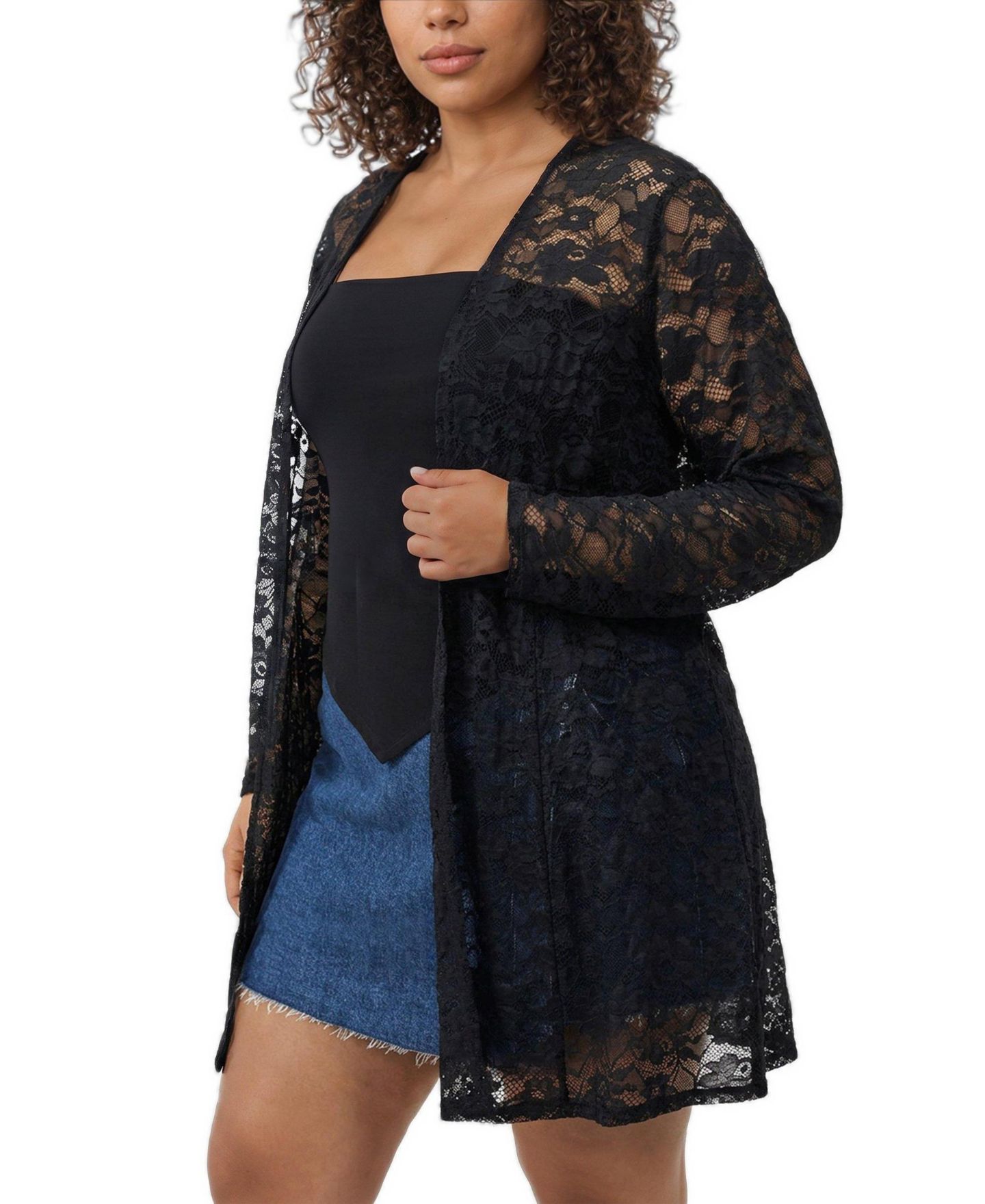 Женская куртка Torrid Plus Size Lace Fit and Flare Kimono Sheer Open-Front, цвет: Глубокий чёрный — фото 3
