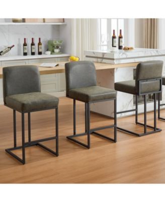 Modern 24" Counter Height Bar Stools Set of 3, Faux Leather Upholstered Chairs with Backrest, Metal Frame & Footrest for Kitchen Island