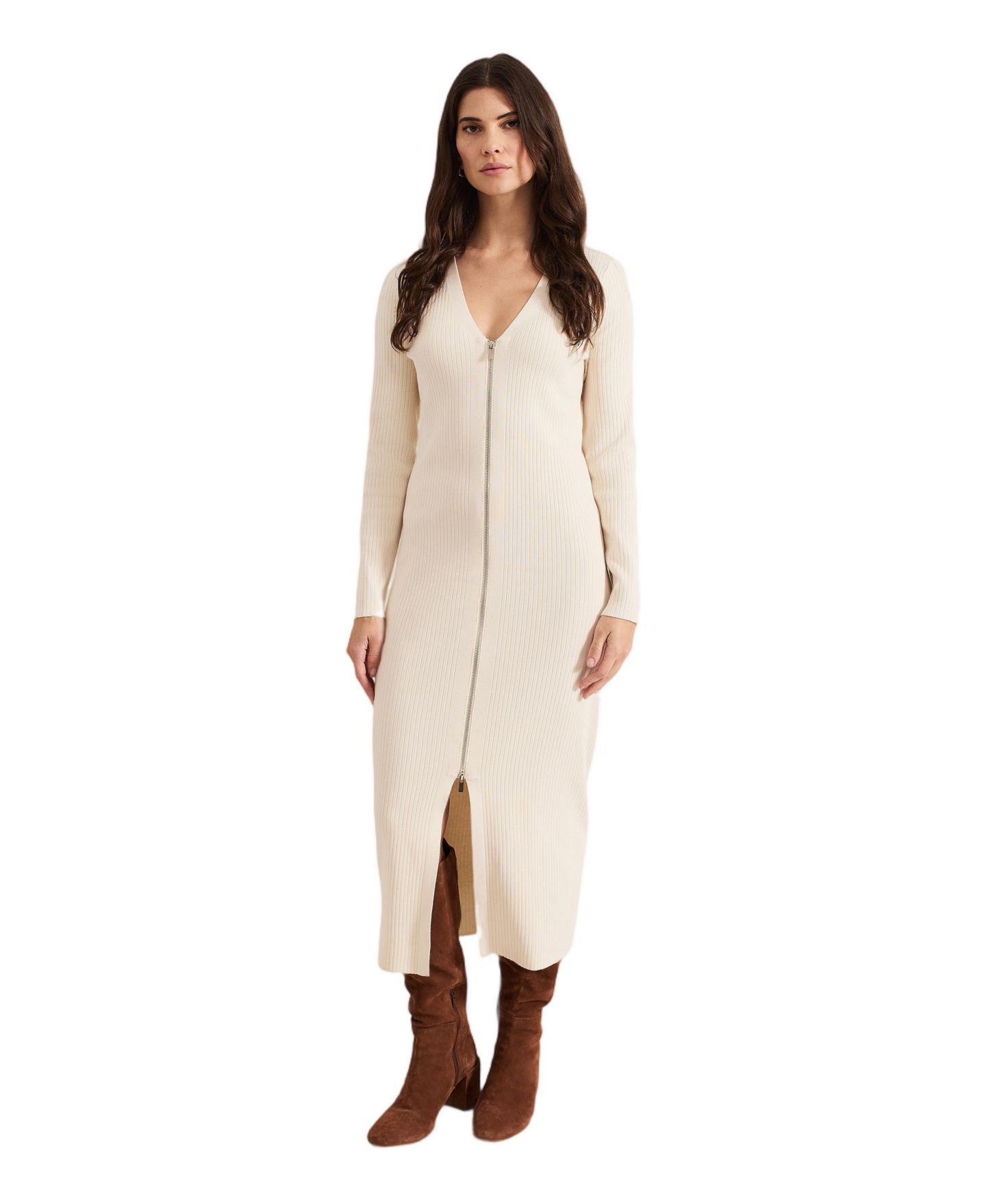 Женское платье Phase Eight Ella Ribbed-Knit Long-Sleeve V-Neck, цвет: Натуральный — фото 1