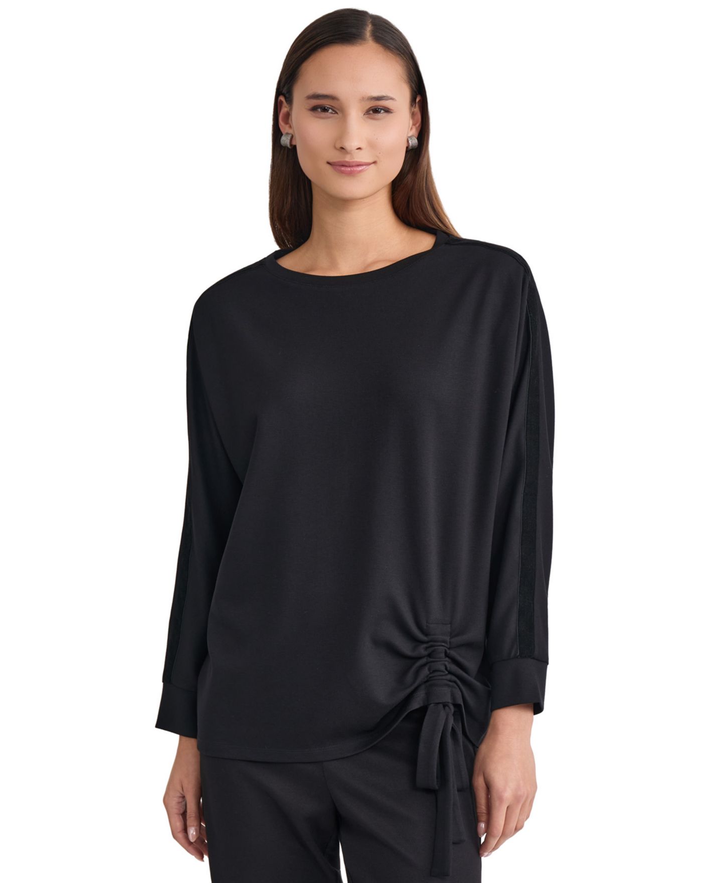 Женский топ Jones New York Plus Size Serenity Asymmetrical-Ruched Velvet Long-Sleeve Crewneck, цвет: Чёрный — фото 1