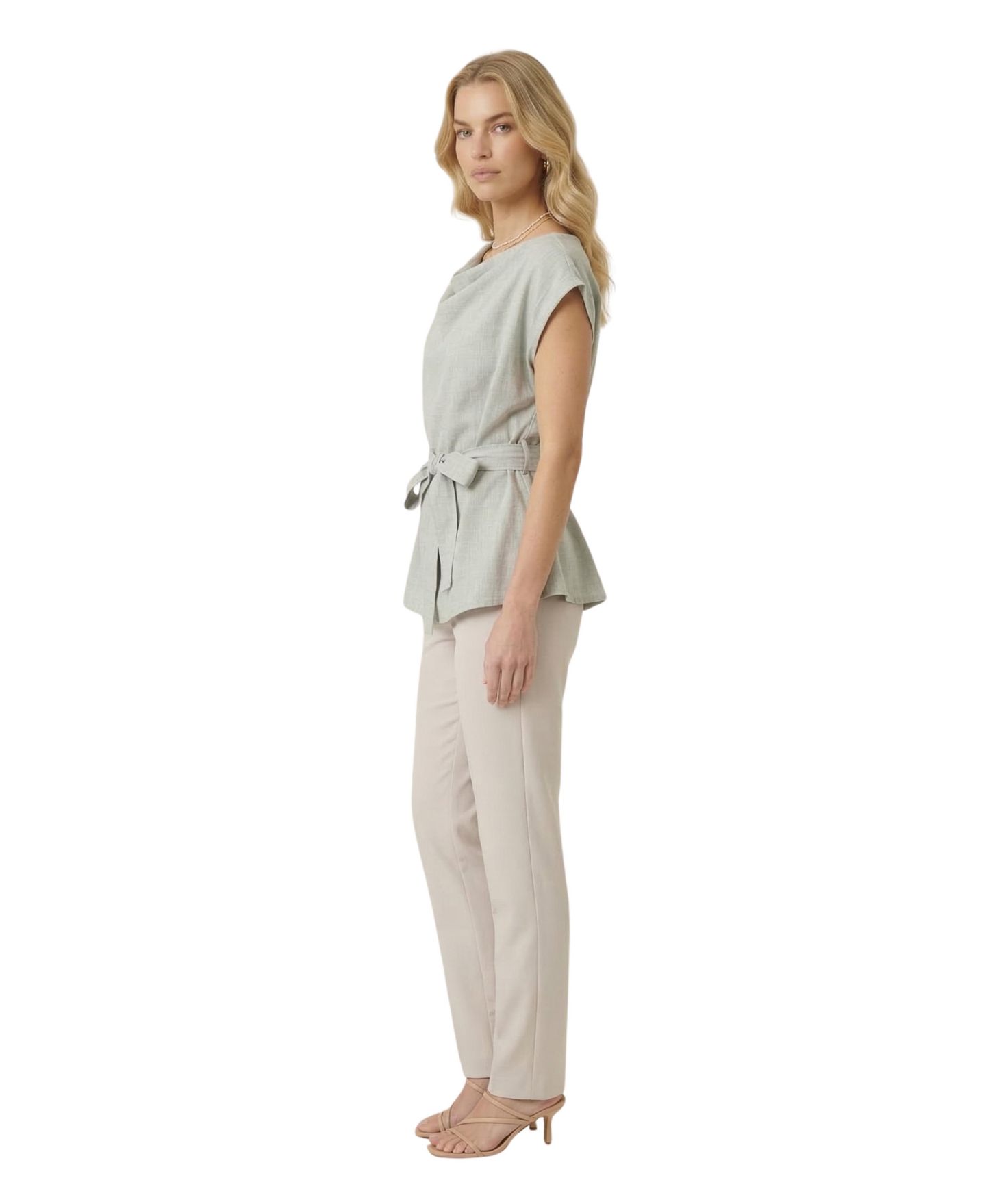 Женский топ Modenaire Draped-Neck Cap-Sleeve Self-Tie Waist, цвет: Светлый шалфейный серый — фото 5