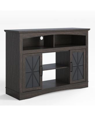 47 Inch Farmhouse Retro TV Stand with Tempered Glass Doors, LED Lights and Adjustable Shelves
