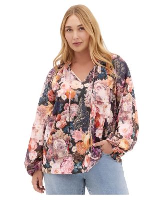 Plus Size Thea Floral-Print V-Neck Long-Sleeve Blouse