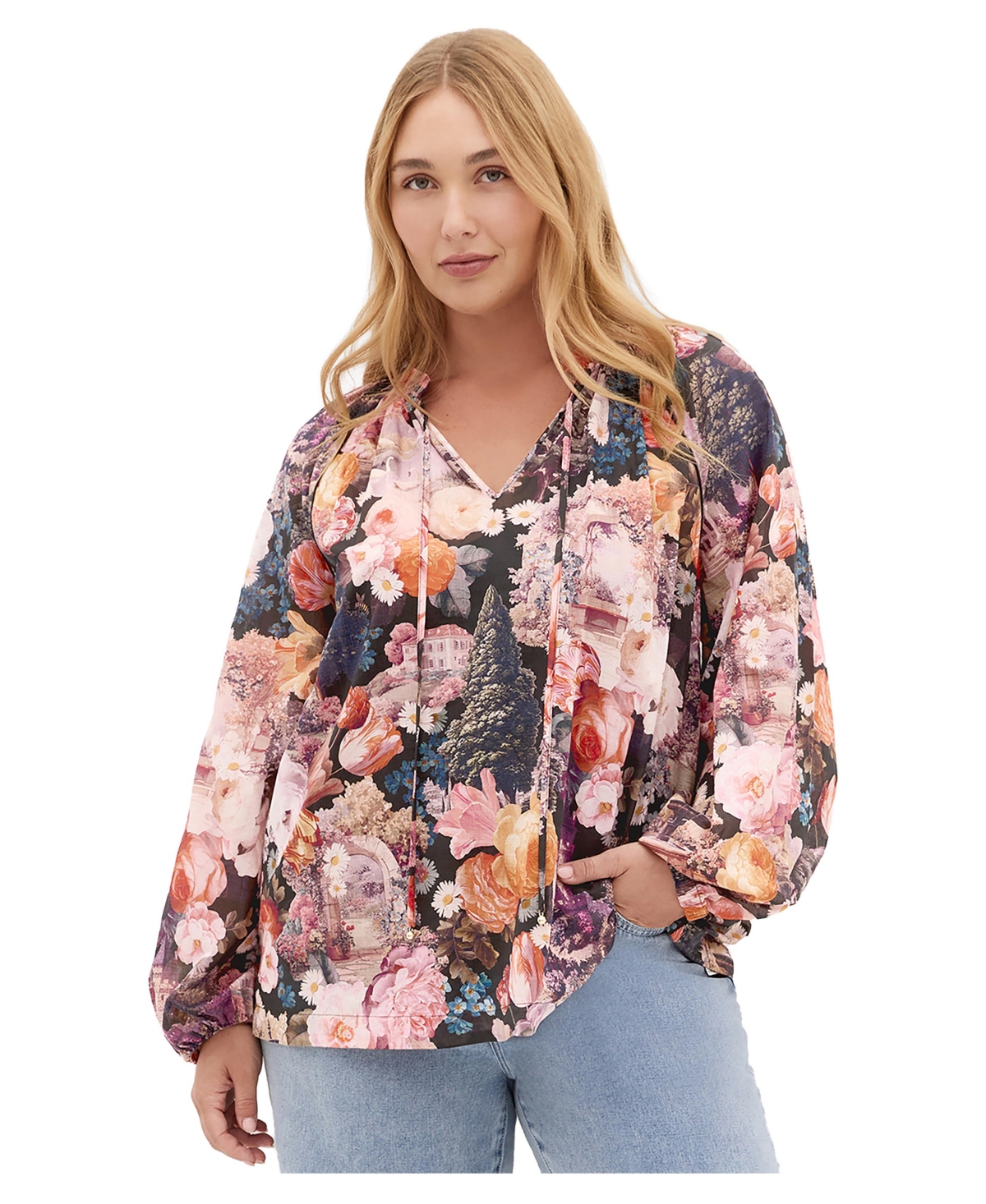 City Chic Plus Thea Floral-Print V-Neck Long-Sleeve Blouse