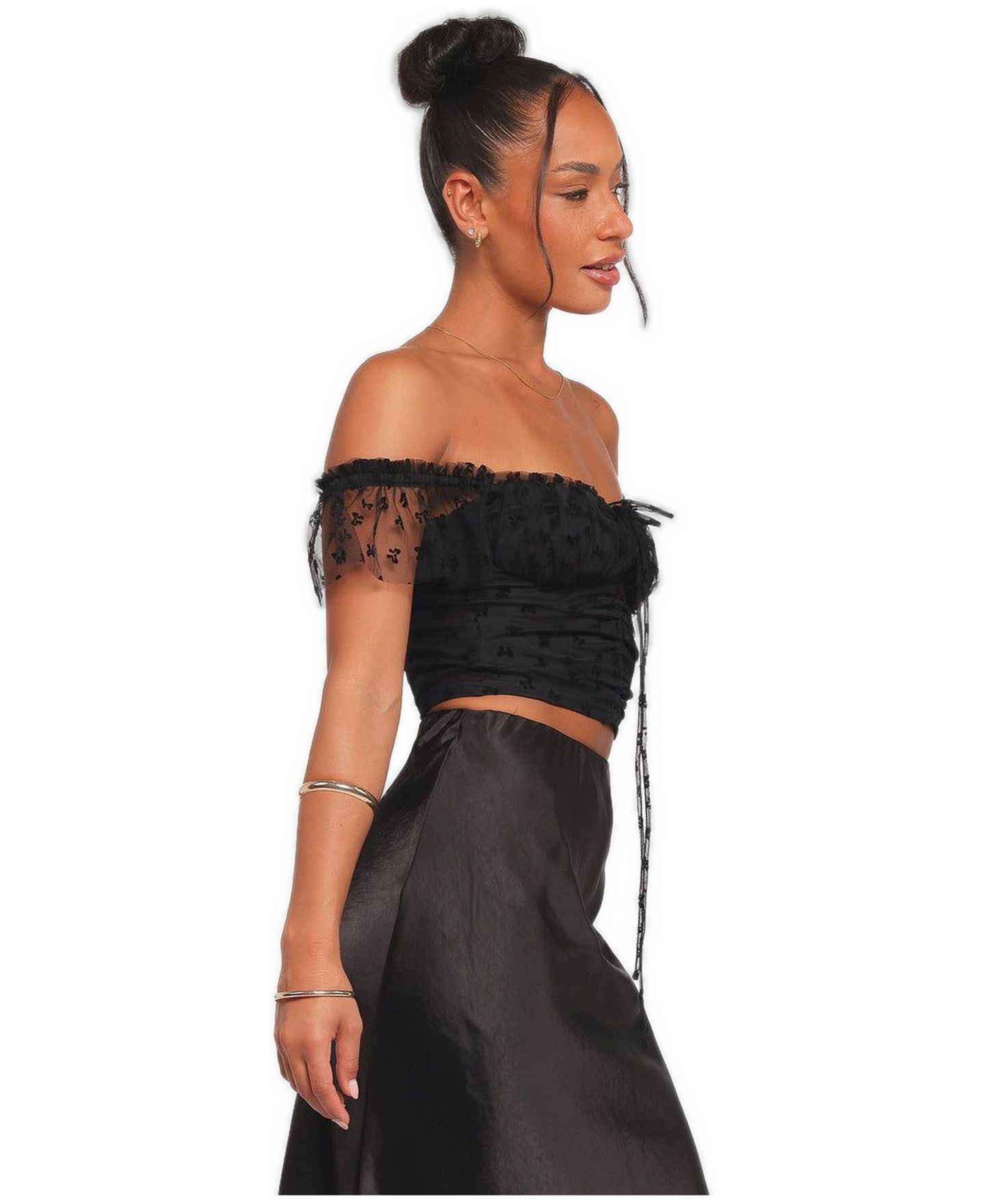 Женский топ Petal and Pup Aster Off-the-Shoulder Mesh Short-Sleeve, цвет: Чёрный — фото 2