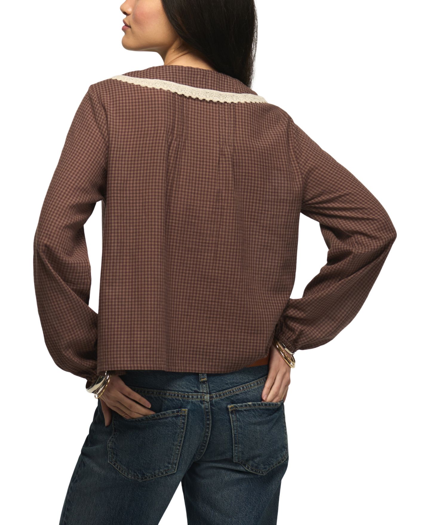 Женская блузка Lucky Brand Gingham Peter Pan Collar Long-Sleeve, цвет: Коричневый в мелкую клетку — фото 5