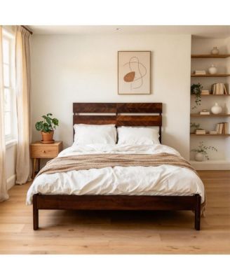 Platform Bed Frame - Mid-Century Modern Wood Bed with Geometric Headboard and Wooden Slats Support, No Box Spring Needed, for Bedroom