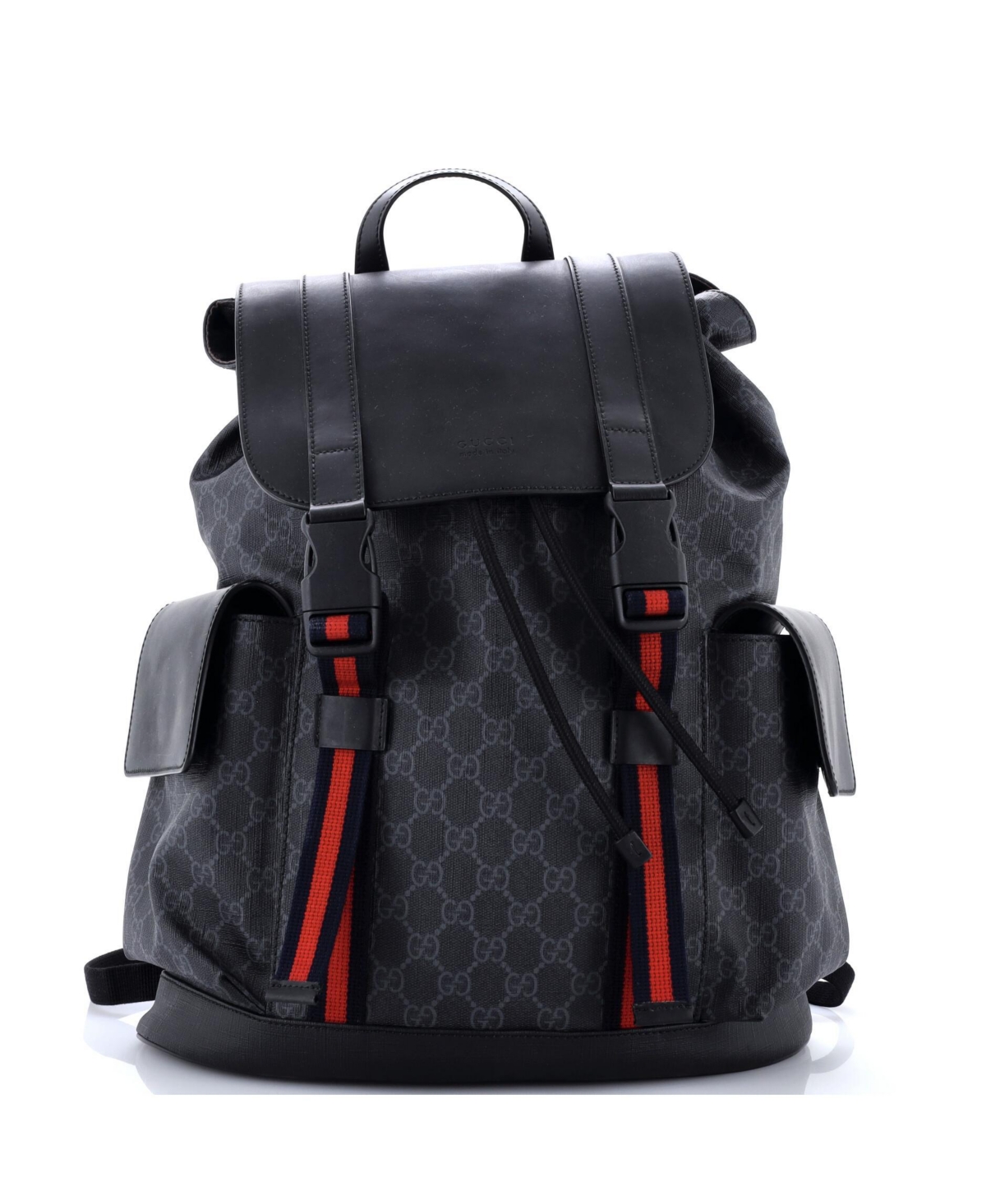 Pre-Owned Gucci Large Double Pocket Buckle Backpack Gg Coated Canvas - Black