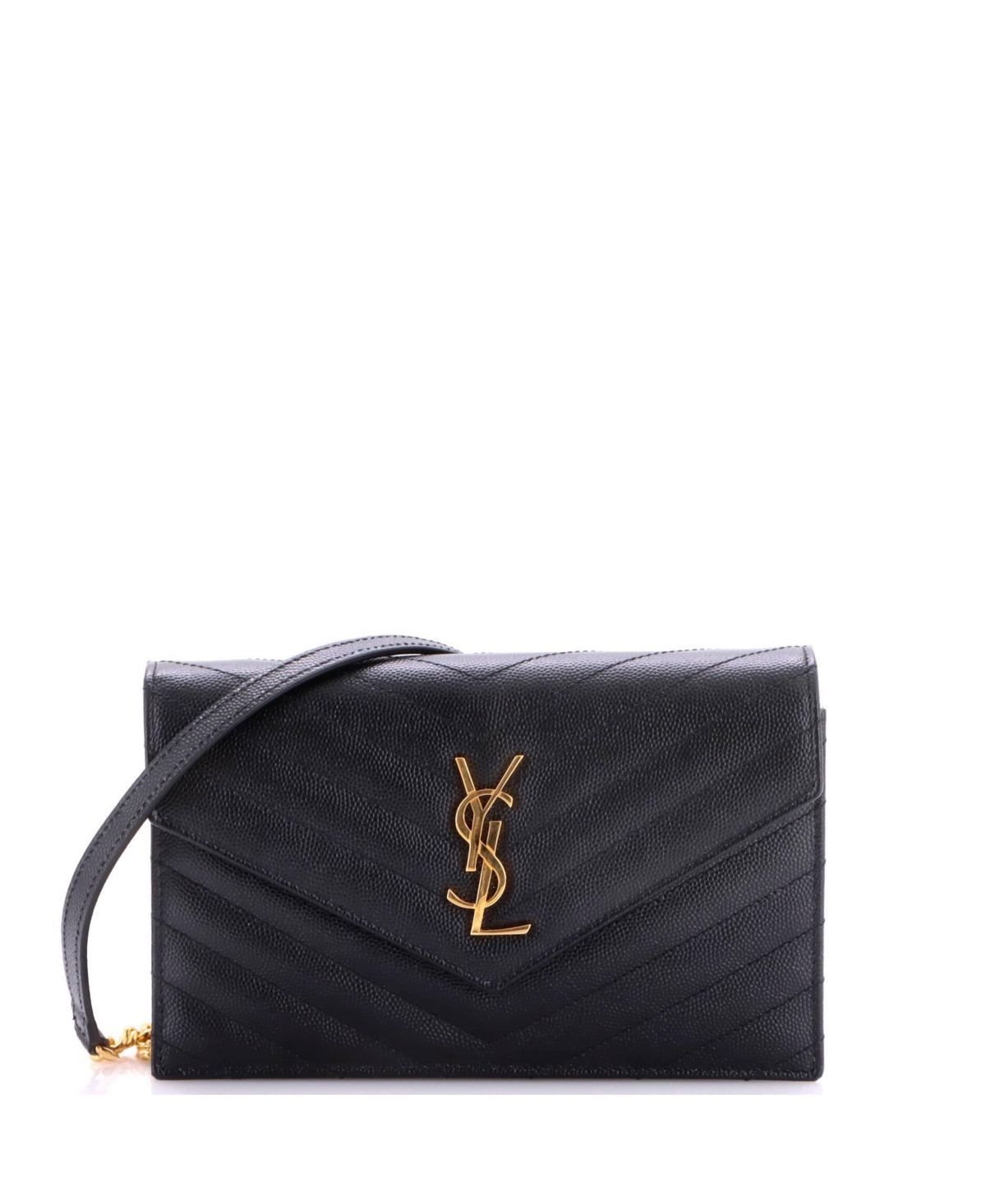 Pre-Owned Saint Laurent Small Classic Monogram Wallet on Chain Matelasse Chevron Leather - Black