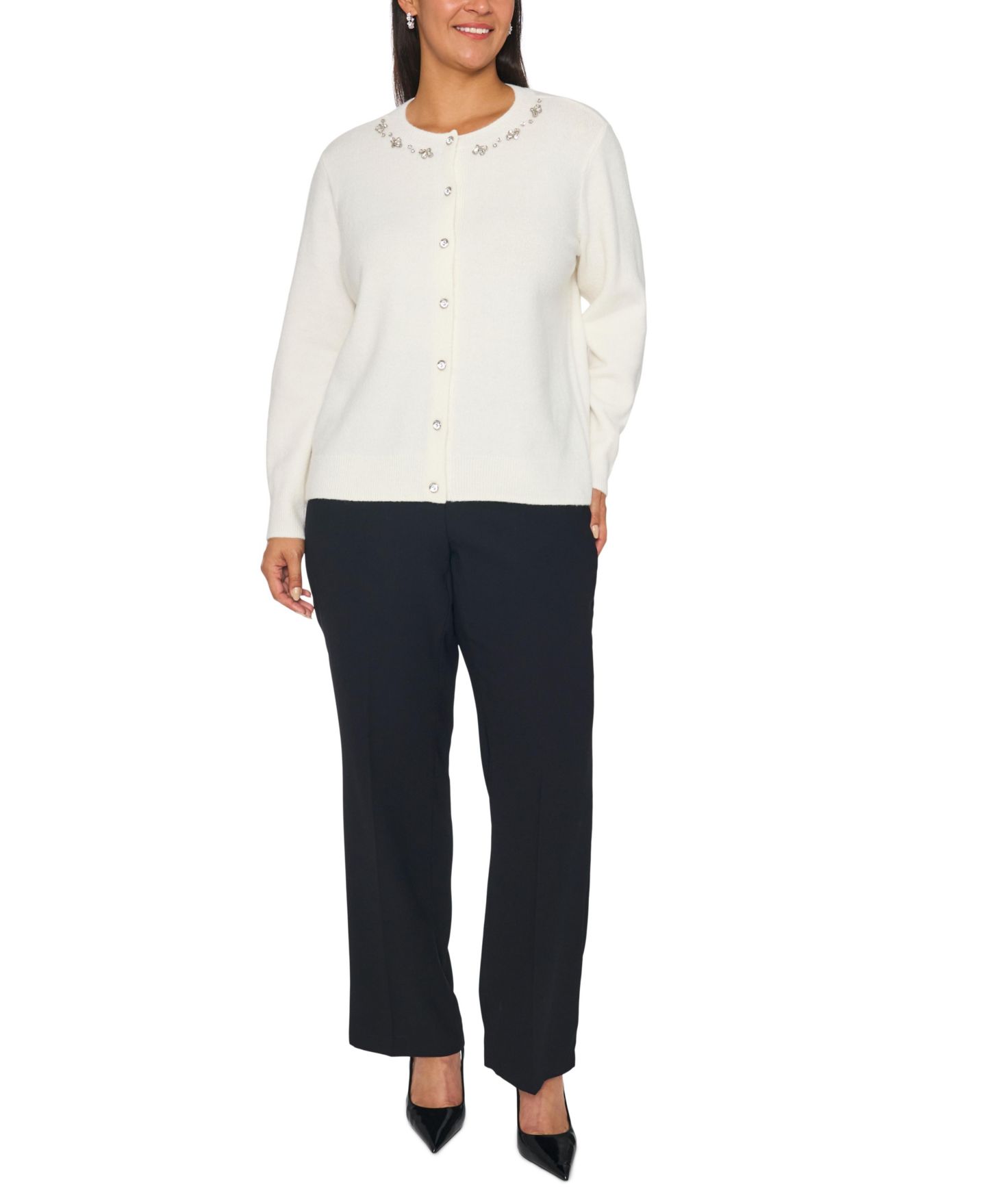 Женский кардиган Vince Camuto Plus Size Embellished Crewneck Cardigan, цвет: Состаренный белый — фото 2