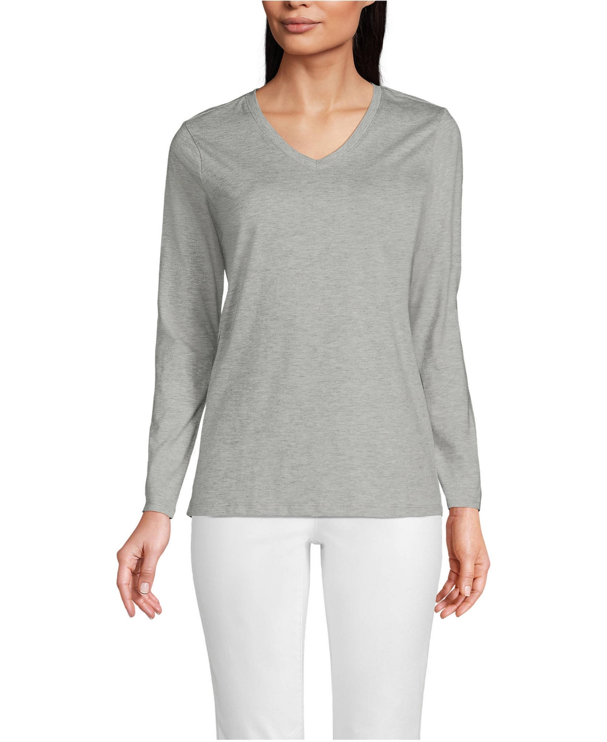 Lands' End Women's Relaxed Supima Cotton Long Sleeve V-Neck T-Shirt - Gray heather