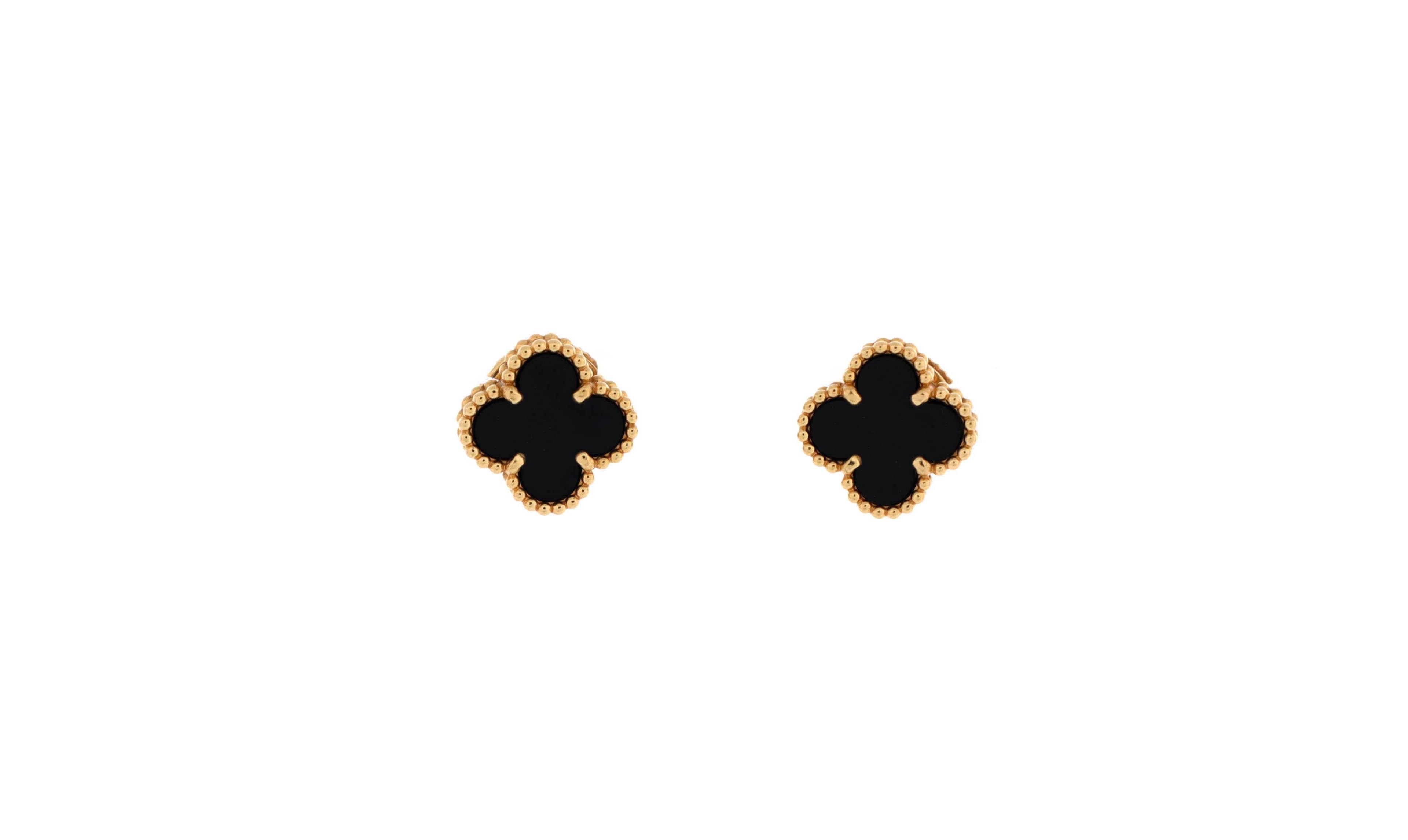 Pre-Owned Van Cleef & Arpels Sweet Alhambra Onyx Stud Earrings in 18K Yellow Gold