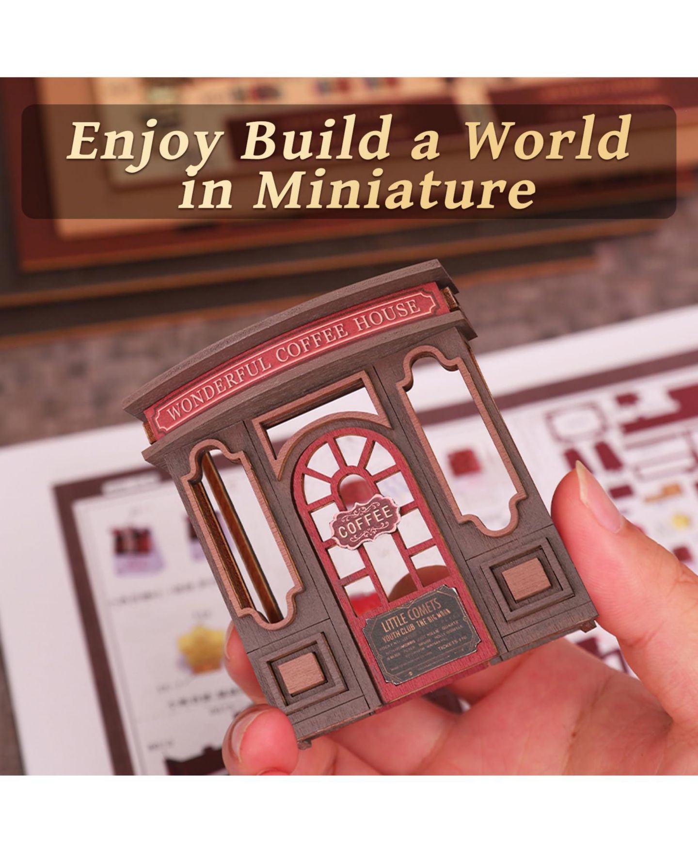 Миниатюрный набор DIY «Книжное кафе» Gnuadz с LED-подсветкой, 25.6 x 20.3 x 20.3 см, 14+, цвет: Коричневый — фото 5
