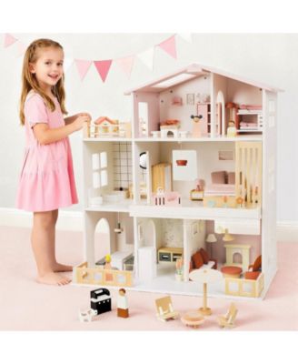 Wooden 8-Room Dollhouse with Family Figures, Ages 3+