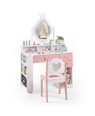Kids Vanity Table and Chair Set with Crown Mirror and Storage Drawers