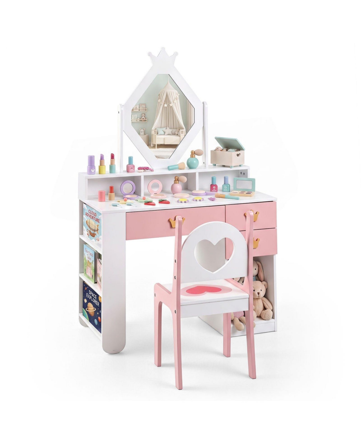 Sugift Kids Vanity Table and Chair Set with Crown Mirror and Storage Drawers - Pink