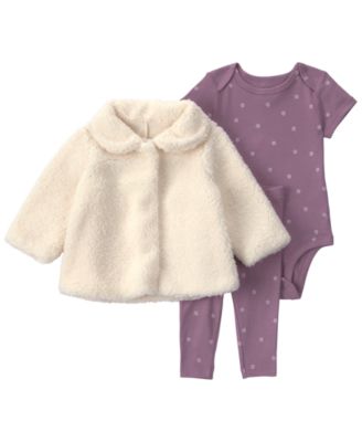 Baby Girls' Sherpa Lap-Shoulder Jacket, Bodysuit and Leggings, 3-Piece Set