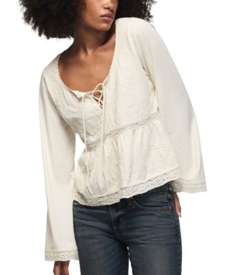 Women's Trim Mix Lace-Up Long-Sleeve Babydoll Top