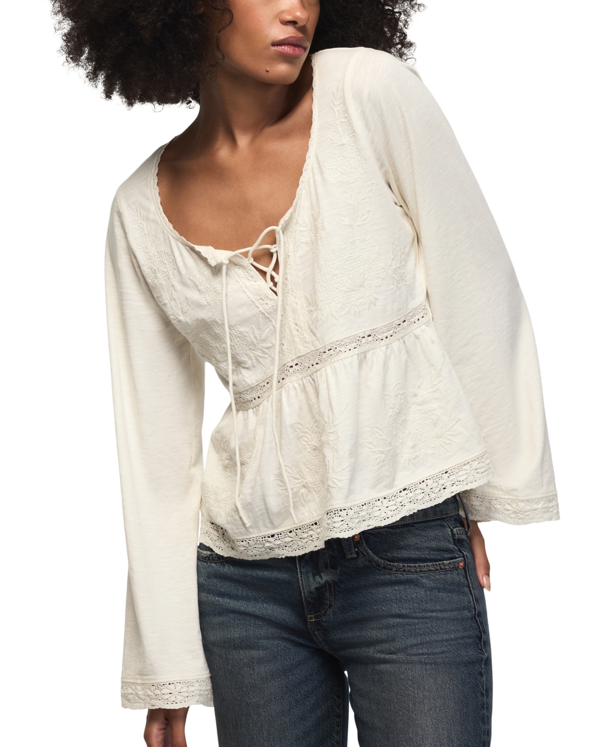 Lucky Brand Women's Trim Mix Lace-Up Long-Sleeve Babydoll Top