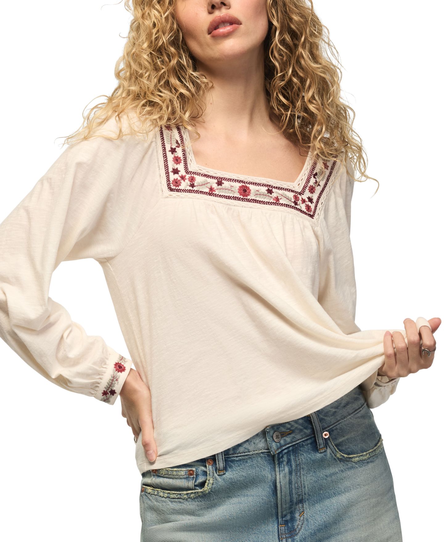 Женский топ Lucky Brand Square Neck Long-Sleeve Embroidered Cotton Knit, цвет: Белый — фото 2