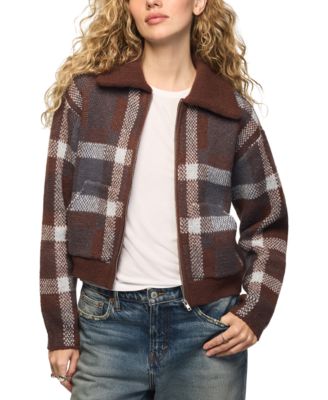 Women's Plaid Long-Sleeve Loose-Fit Bomber Sweater