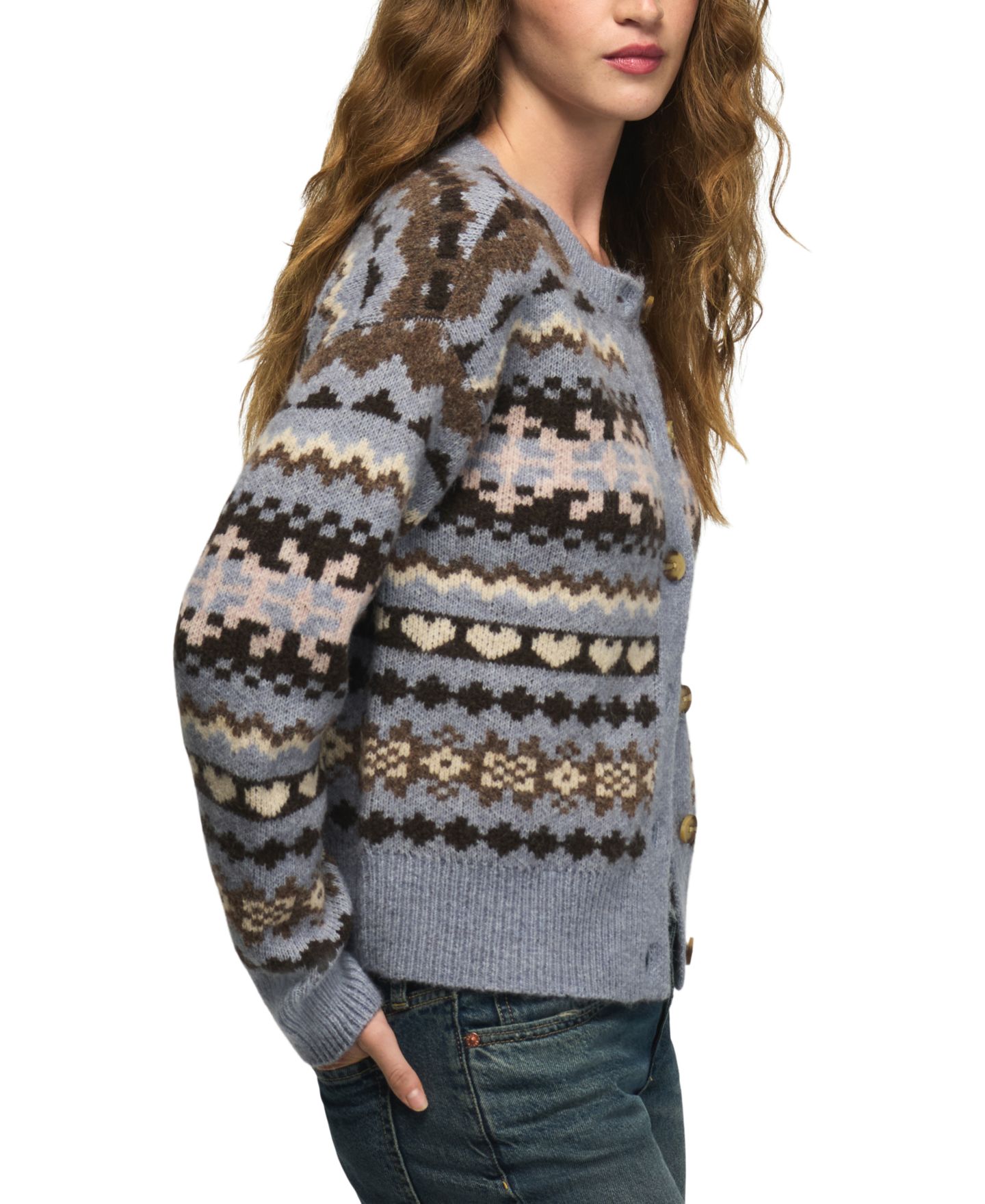 Женский кардиган Lucky Brand Fair Isle Crew Neck Cardigan, цвет: Серо-бежевый — фото 3