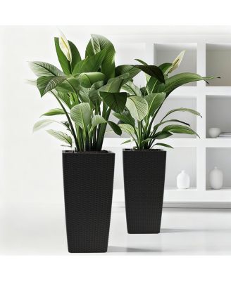 Set of 2 Faux Rattan Square Tall Planters with Self-Watering System, 22"