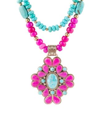 Imitation Pearl, Blue Turquoise and Brown Smoky Quartz Layered Barcelona Pendant Necklace