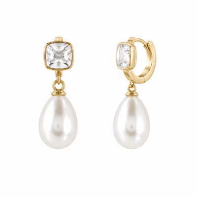 Bezel Pearl Hoop Drop Earrings