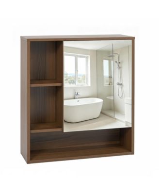 Wall Mounted Mirror Cabinet with 2 Hidden Shelves and 3 Open Compartments