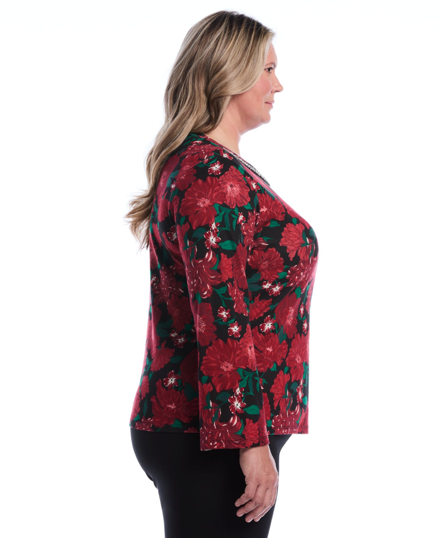 Женская футболка Rafaella Plus Size Floral-Print Bell-Sleeve Embellished, цвет: Красный — фото 4