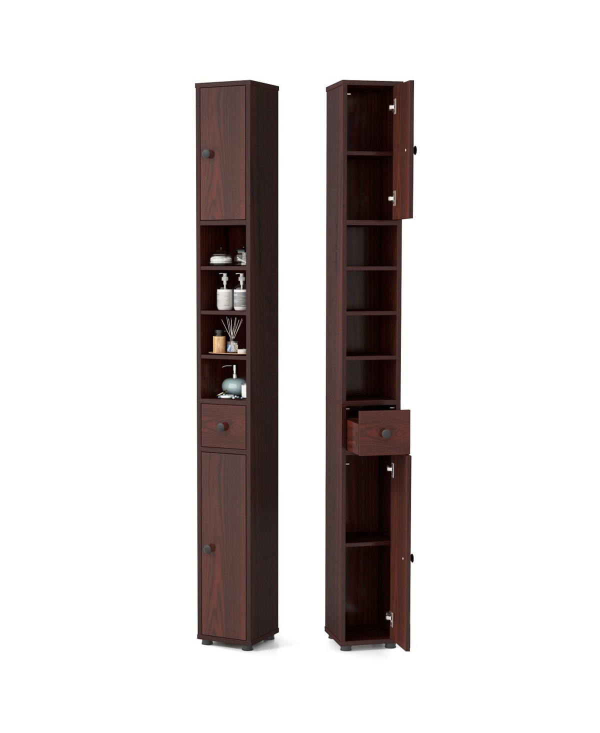 Hongge 8 in Slim Freestanding Bathroom Cabinet with Drawer and 5 Adjustable Shelves - Brown