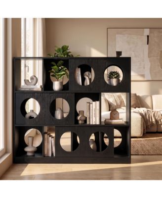 Three Shelf Cubby Storage Organizer, Short Bookshelf For Home, Modern Geometric Bookshelf With Round Cutout Design