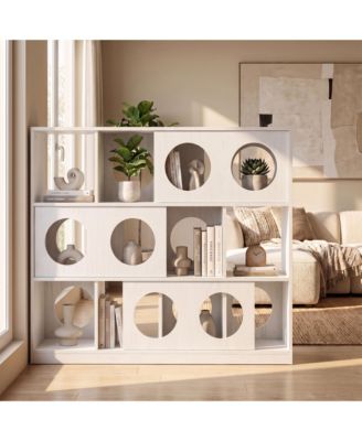 Three Shelf Cubby Storage Organizer, Short Bookshelf For Home, Modern Geometric Bookshelf With Round Cutout Design