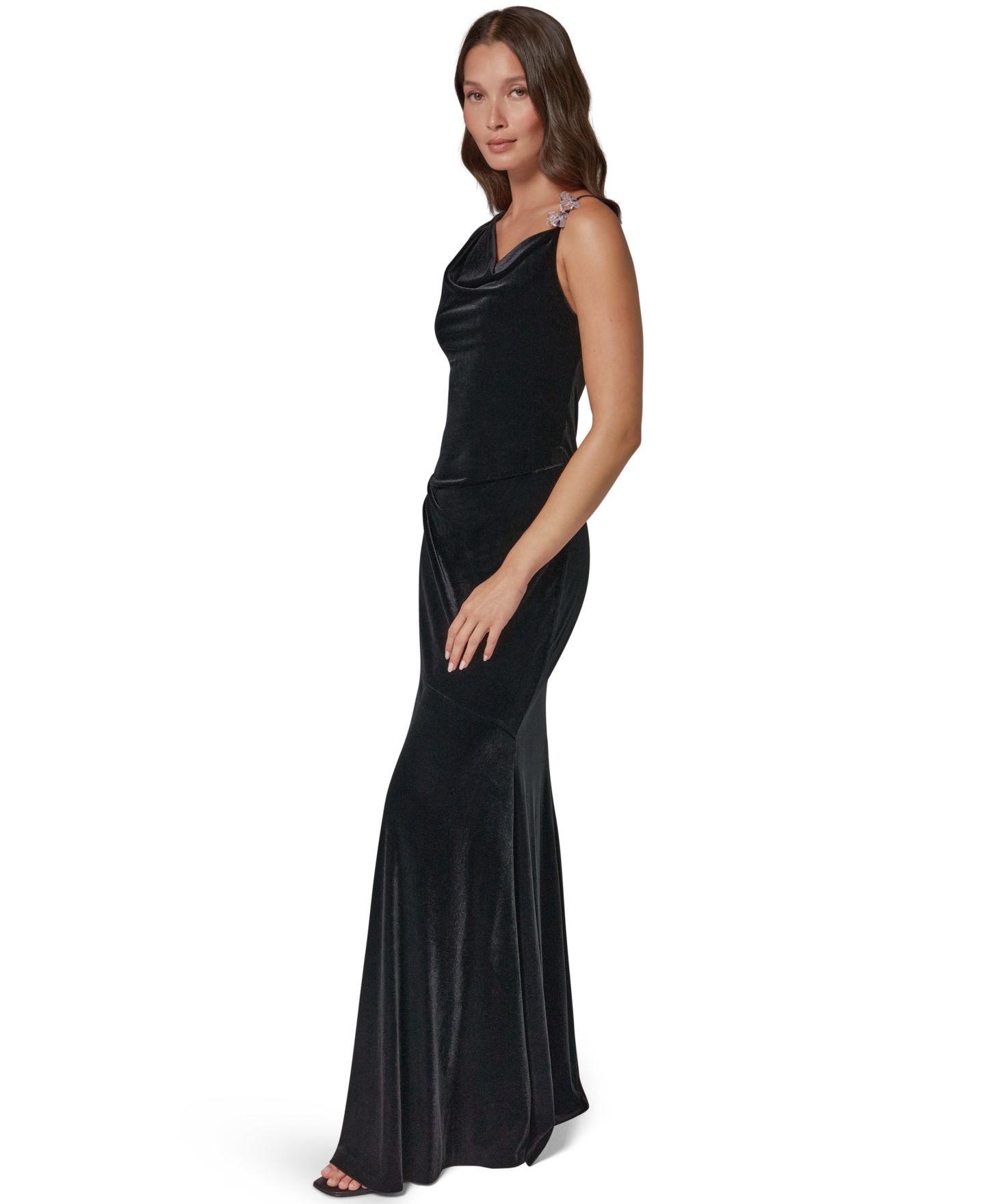 Женское платье Donna Karan New York Crystal-Beaded Cowl Neck Ruched Velvet Gown, цвет: Чёрный — фото 3