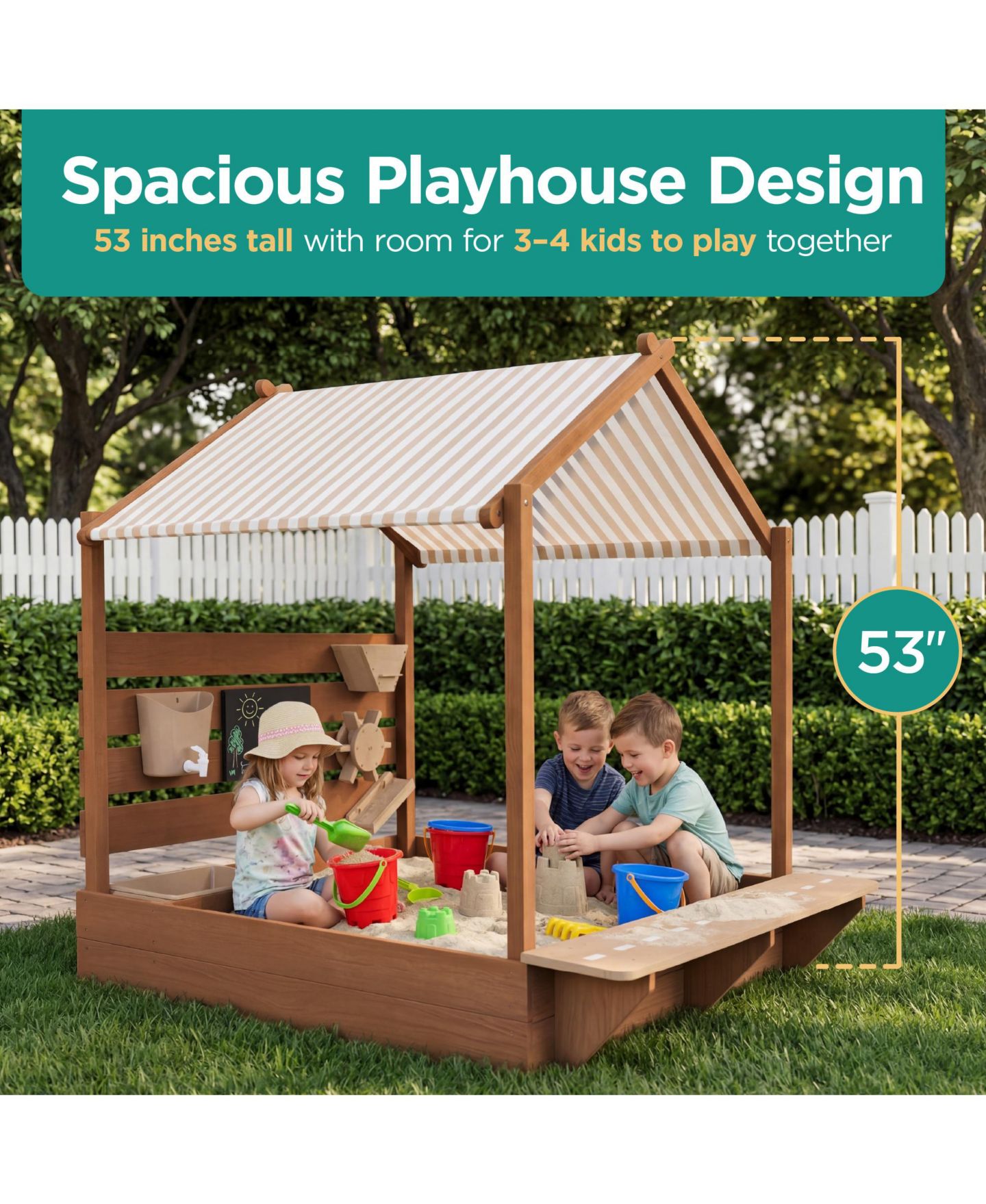 Детская игрушка Best Choice Products Wooden Sandbox 52" x 45", Canopy & Water Table Playset, Fits 4 Kids, Ages 3+, цвет: Бежевый — фото 3