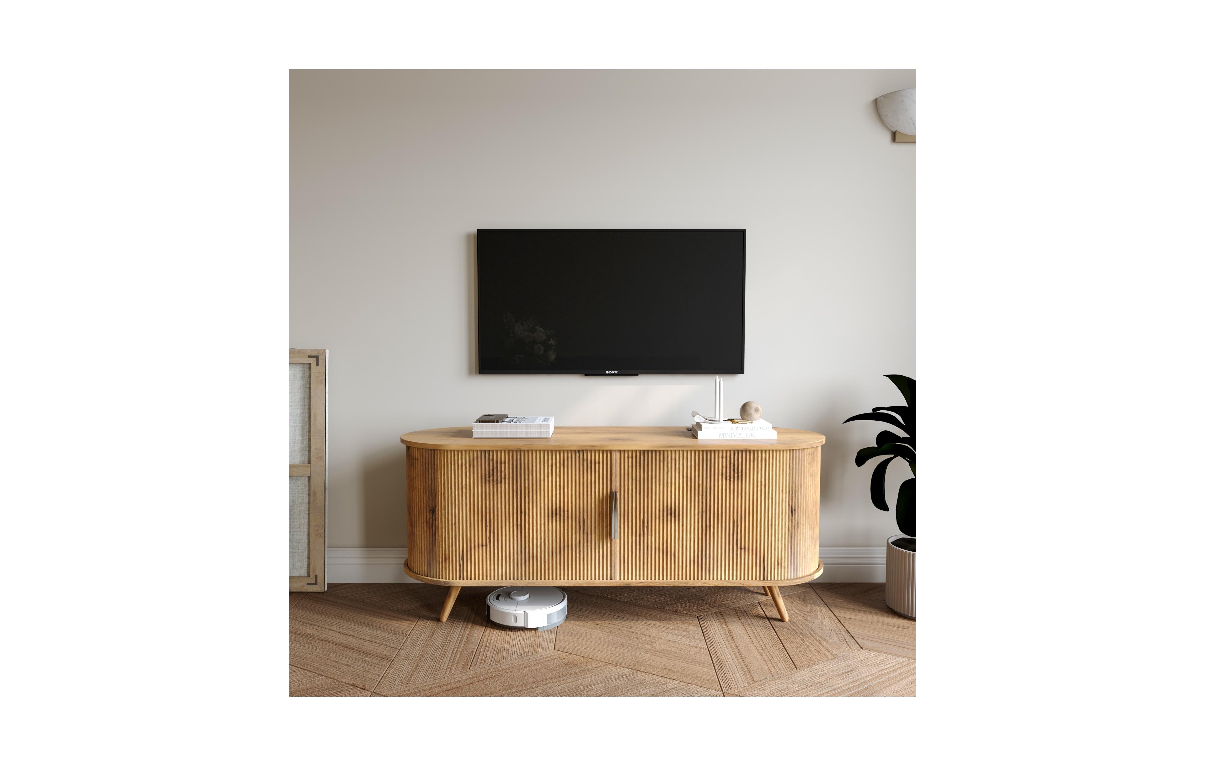 Flynama 50 Inch Fluted Tv Stand with Power Outlets, Sliding Door Media Console for Tvs Up to 55 Inch TV