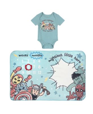Baby Boys' Officially Licensed Marvel Short-Sleeve Cotton-Blend Bodysuit and Milestone Blanket, 2-Piece Set