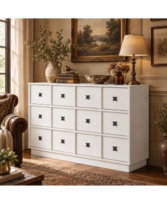 47" Wide Wooden Chest of Drawers, 6-Drawer Farmhouse Dresser, Metal Handles, Anti-Tipping Design, Bedroom Storage Organizer Unit